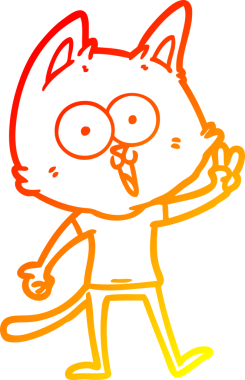 Bir insan tarafından çizilen barış işaretini veren komik bir çizgi film kedisinin sıcak çizgi çizimi