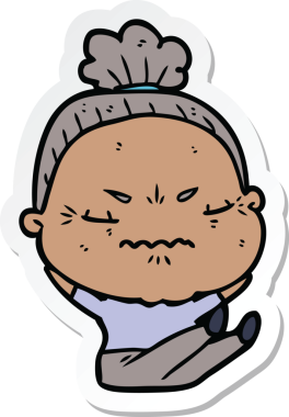 Çizgi film çıkartması. Bir insan tarafından çizilmiş yaşlı bir kadın.