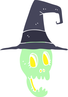 Bir insan tarafından çizilmiş bir cadı şapkası giymiş kafatasının düz renk çizimi