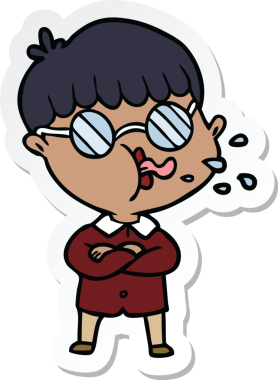 Bir insan tarafından çizilmiş gözlüklü bir çizgi film çocuğunun çıkartması.