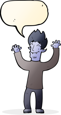 Bir insan tarafından çizilmiş konuşma balonlu mutlu vampir adam çizgi filmi.