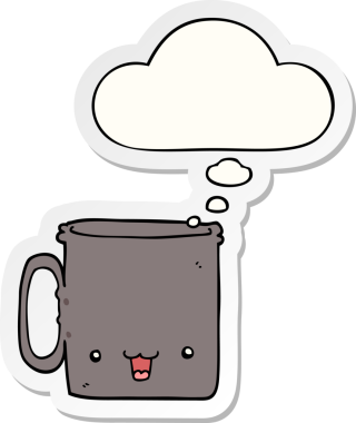 Düşünce baloncuklu çizgi film kupası insan tarafından çizilmiş bir çıkartma gibi.