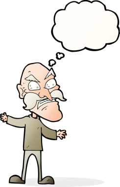 Bir insan tarafından çizilmiş düşünce baloncuğu olan kızgın yaşlı bir adam.