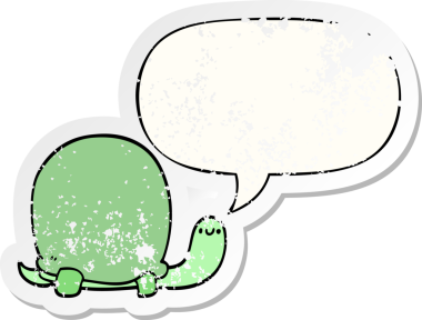 Konuşma baloncuğu olan sevimli karikatür kaplumbağası bir insan tarafından çizilmiş sıkıntılı eski bir çıkartma.