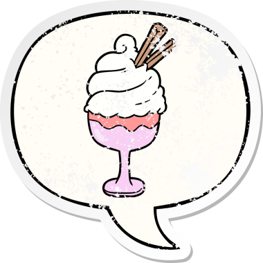 Konuşma baloncuklu karikatür dondurması insan tarafından çizilmiş sıkıntılı eski bir çıkartma.