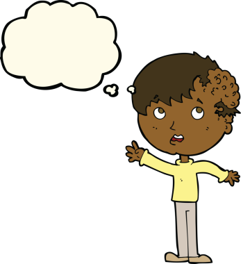 Kafasında bir insan tarafından çizilmiş düşünce balonuyla büyüyen çizgi film çocuğu.