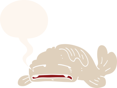 bir insan tarafından çizilmiş, konuşma baloncuklu üzgün yaşlı balık çizgi filmi.