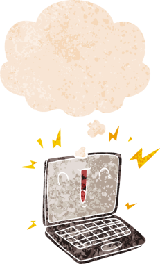 Düşünce baloncuklu çizgi film dizüstü bilgisayarı grunge sıkıntılı retro desenli bir insan tarafından çizilmiş