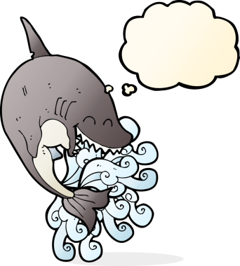 Bir insan tarafından çizilmiş düşünce baloncuklu çizgi film köpekbalığı.