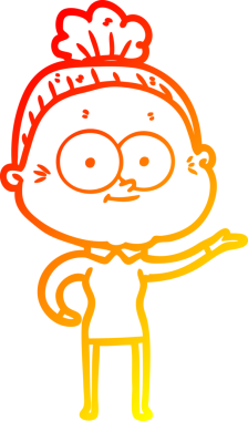 Bir insan tarafından çizilmiş mutlu, yaşlı bir kadının sıcak çizgi çizimi.