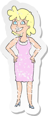 Bir insan tarafından çizilmiş, mutlu bir kadın elbisesi giymiş, karikatür çıkartması.