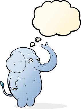 Bir insan tarafından çizilmiş düşünce baloncuklu komik bir fil.