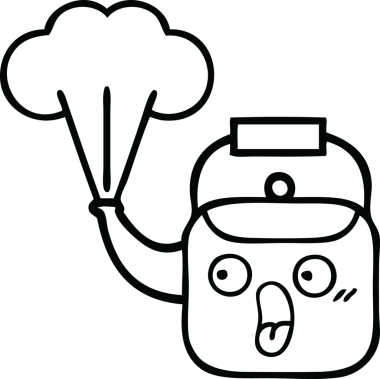 Bir insan tarafından çizilen dumanı tüten bir çaydanlığın çizgi çizimi