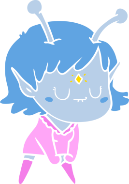 Düz renkli çizgi film uzaylı kız, bir insan tarafından çizilmiş kas pozu veriyor.