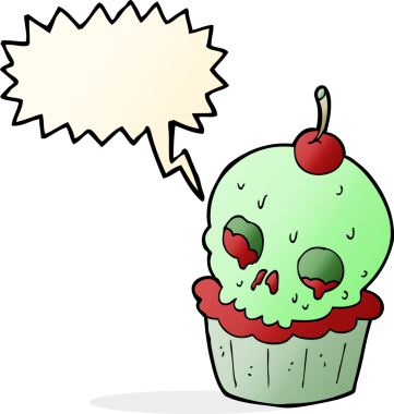 Bir insan tarafından çizilmiş konuşma balonlu Cadılar Bayramı pastası.