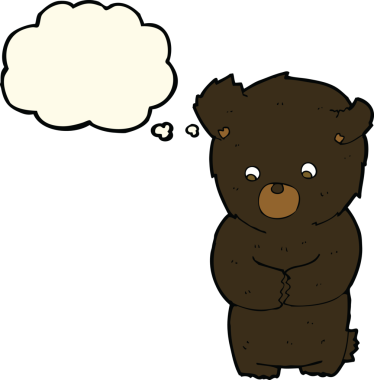 Bir insan tarafından çizilmiş düşünce baloncuğu olan sevimli çizgi film kara ayısı.