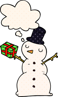 Çizgi roman tarzında bir insan tarafından çizilmiş düşünce balonlu kardan adam.