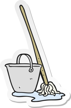 Bir insan tarafından çizilmiş karikatür paspas ve kova çıkartması.