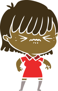 Bir insan tarafından çizilmiş düz renkli çizgi film kızı.