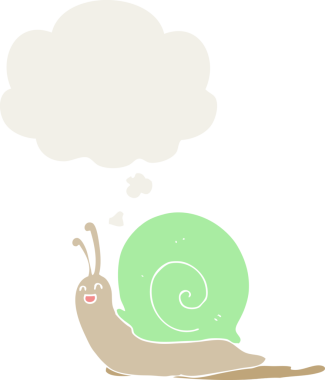 insan tarafından çizilmiş, düşünce baloncuklu çizgi film salyangozu.