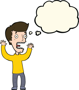 Bir insan tarafından çizilmiş düşünce baloncuğu olan korkmuş bir adam.