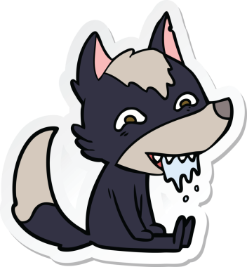 Karikatür çıkartması. Aç kurt oturuyor. Bir insan tarafından çizilmiş.