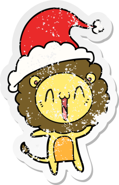 Mutlu el, bir insan tarafından çizilmiş Noel Baba şapkası takan bir aslanın kederli çıkartması.