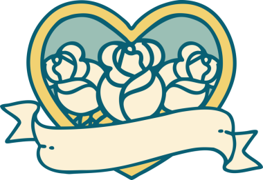 İkonik dövme stili bir kalp ve bir insan tarafından çizilmiş çiçekli pankart.