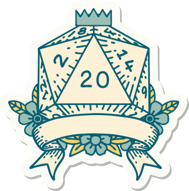 Bir insan tarafından çizilmiş 20 kritik vuruşluk D20 zar etiketi.