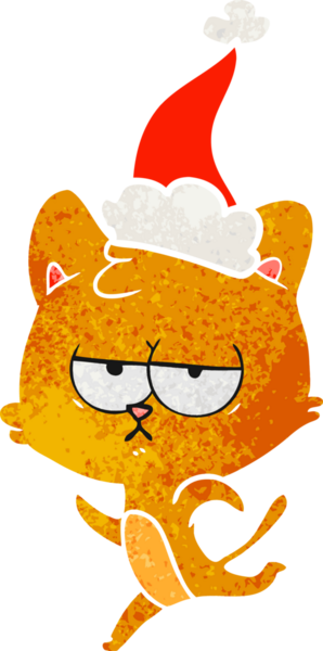 Bir insan tarafından çizilmiş Noel Baba şapkası takan bir kedinin eski bir çizgi filmi.