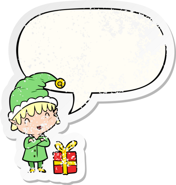 Çizgi film mutlu noel elfi konuşma baloncuğu bir insan tarafından çizilmiş sıkıntılı eski bir çıkartma