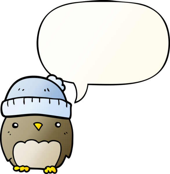 Bir insan tarafından çizilmiş yumuşak eğimli konuşma baloncuğu olan şapkalı sevimli çizgi film baykuşu.