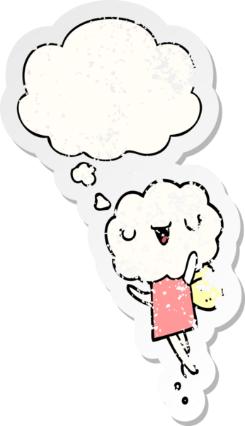 Düşünce baloncuğu olan tatlı bir çizgi film yaratığı insan tarafından çizilmiş yıpranmış bir çıkartma.