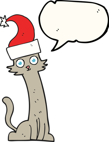 Bir insan tarafından çizilmiş Noel şapkalı serbest konuşma balonu çizgi filmi kedisi.