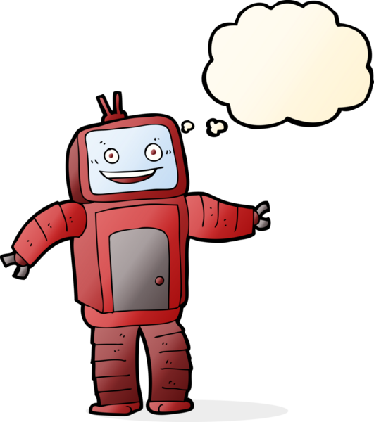 Bir insan tarafından çizilmiş düşünce baloncuklu komik robot.