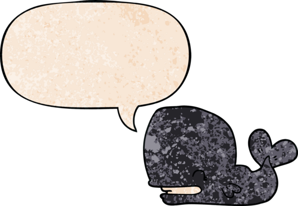 Konuşma baloncuğu olan karikatür balinası insan tarafından çizilmiş.