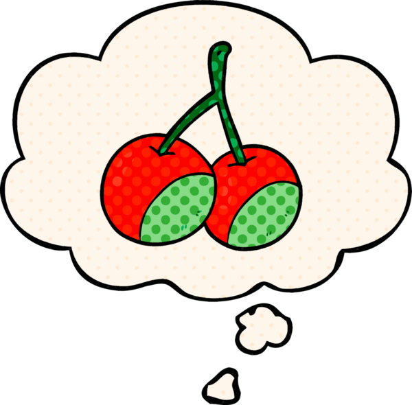 Düşünce baloncuğu olan çizgi film kirazları bir insan tarafından çizilmiş.