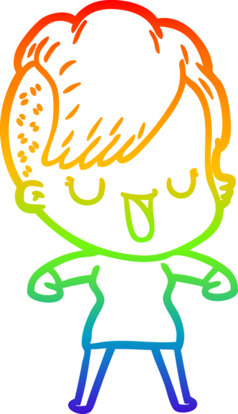 Gökkuşağı gradyan çizimi. Hipster saç kesimi bir insan tarafından çizilmiş şirin bir çizgi film kızı.