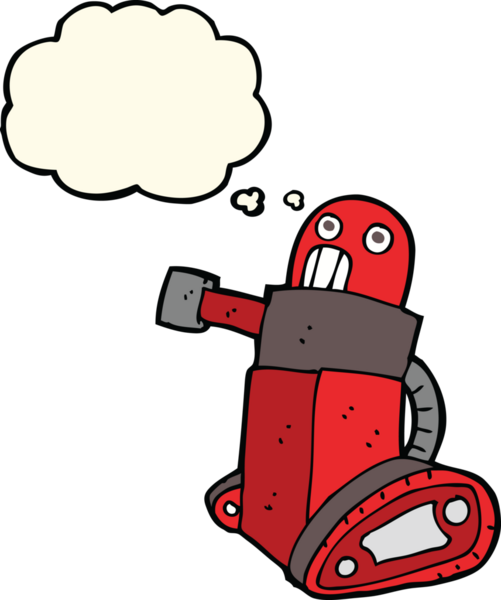 Bir insan tarafından çizilmiş düşünce baloncuklu çizgi film tankı robotu.