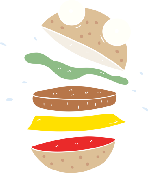 Düz renkli çizgi film. Bir insan tarafından çizilmiş harika bir hamburger.