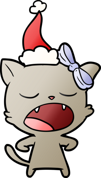 Bir insan tarafından çizilmiş Noel Baba şapkası giymiş esneyen bir kedinin el çizimi karikatürü.