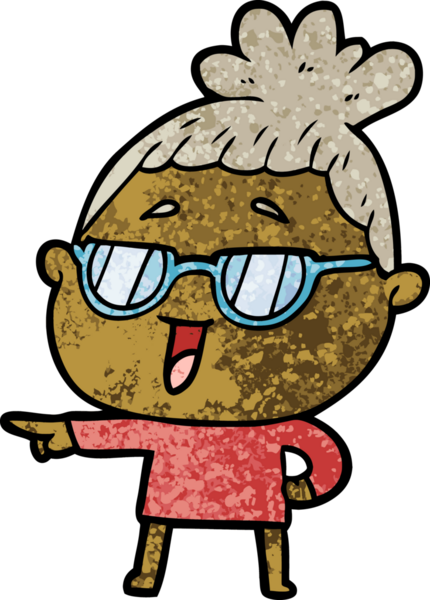 Bir insan tarafından çizilmiş gözlüklü mutlu kadın çizgi filmi.