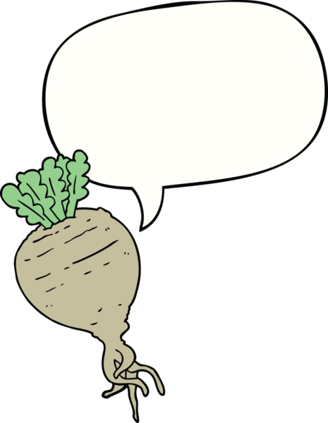 Bir insan tarafından çizilmiş konuşma balonlu karikatür kökü sebzesi.