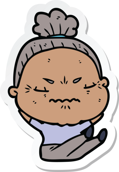 Çizgi film çıkartması. Bir insan tarafından çizilmiş yaşlı bir kadın.