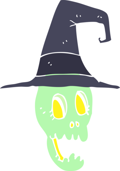 Bir insan tarafından çizilmiş bir cadı şapkası giymiş kafatasının düz renk çizimi