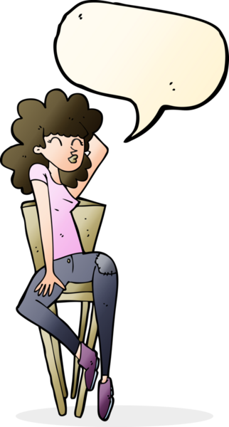 Bir insan tarafından çizilmiş konuşma baloncuğuyla sandalyede poz veren karikatür kadın.