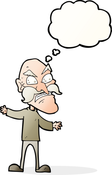Bir insan tarafından çizilmiş düşünce baloncuğu olan kızgın yaşlı bir adam.