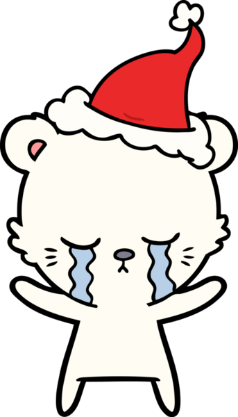 Bir insan tarafından çizilmiş Noel Baba şapkası giymiş bir kutup ayısının ağlayan el çizgisi.