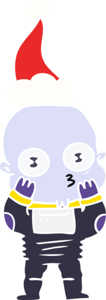 Bir insan tarafından çizilmiş Noel Baba şapkası giyen kel bir uzaylının el çizimi düz renk çizimi.