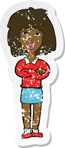 Bir insan tarafından katlanmış kolları olan sert bir kadın çizgi filminin gerilmiş yapıştırması.